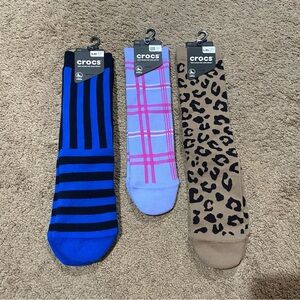 Crocs Crew Socks Mixed Lot 3 Pairs Adult Size S/M L/XL NEW Leopard Stripe Plaid
